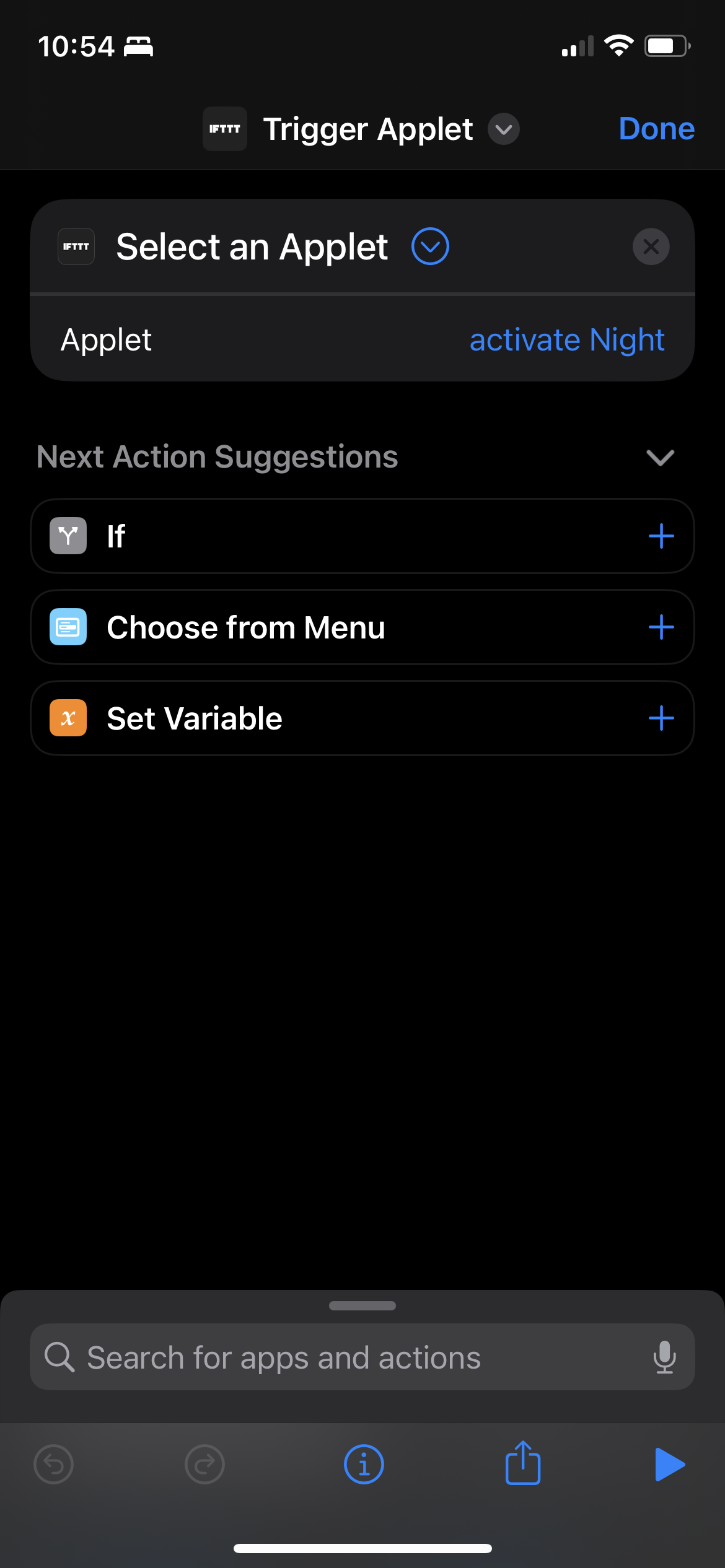 A screenshot of the Shortcut app with a single IFTT 'Trigger Applet' Shortcut with the 'activate Night' applet selected.