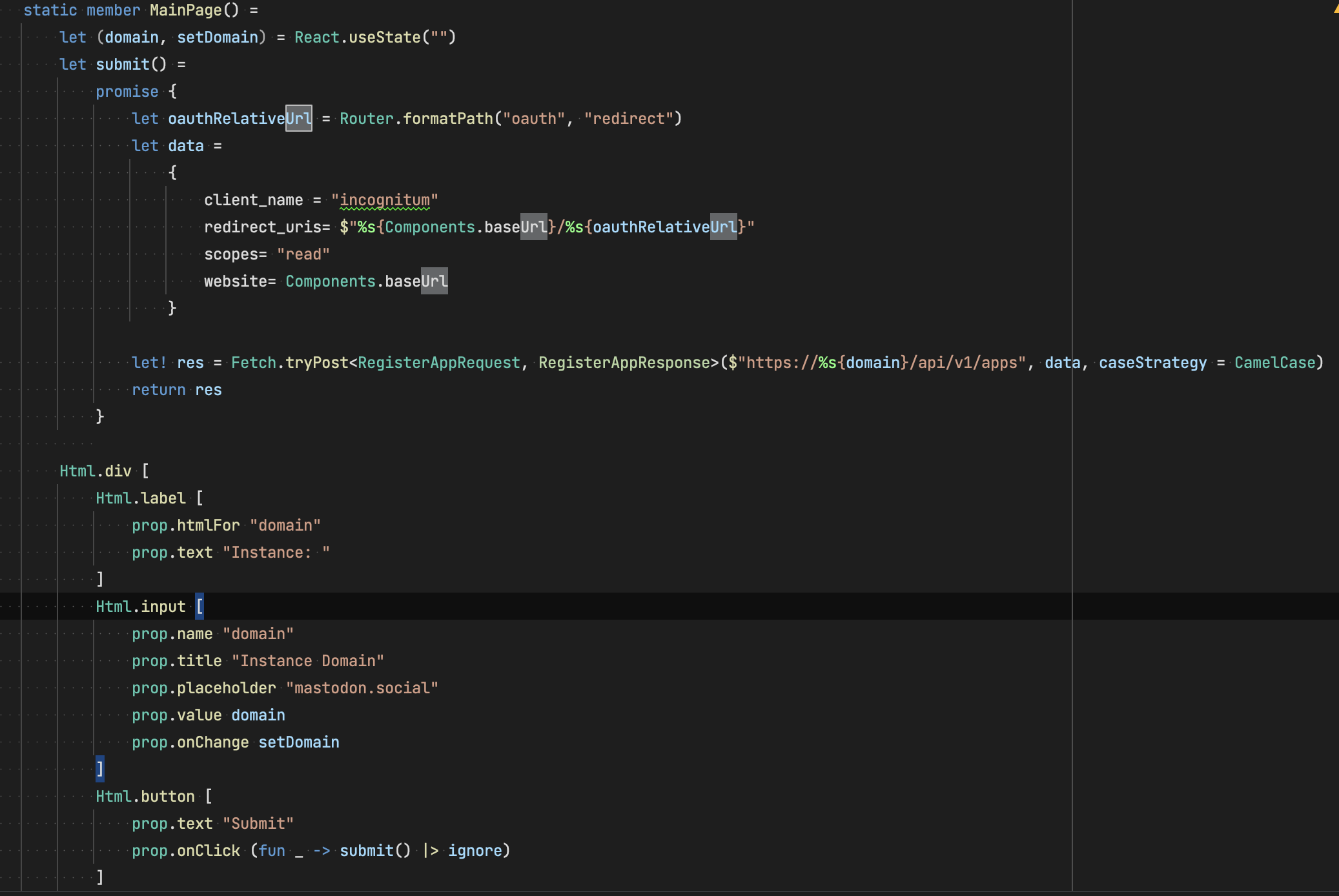 F# code for the Main Page component, with a working HTTP request