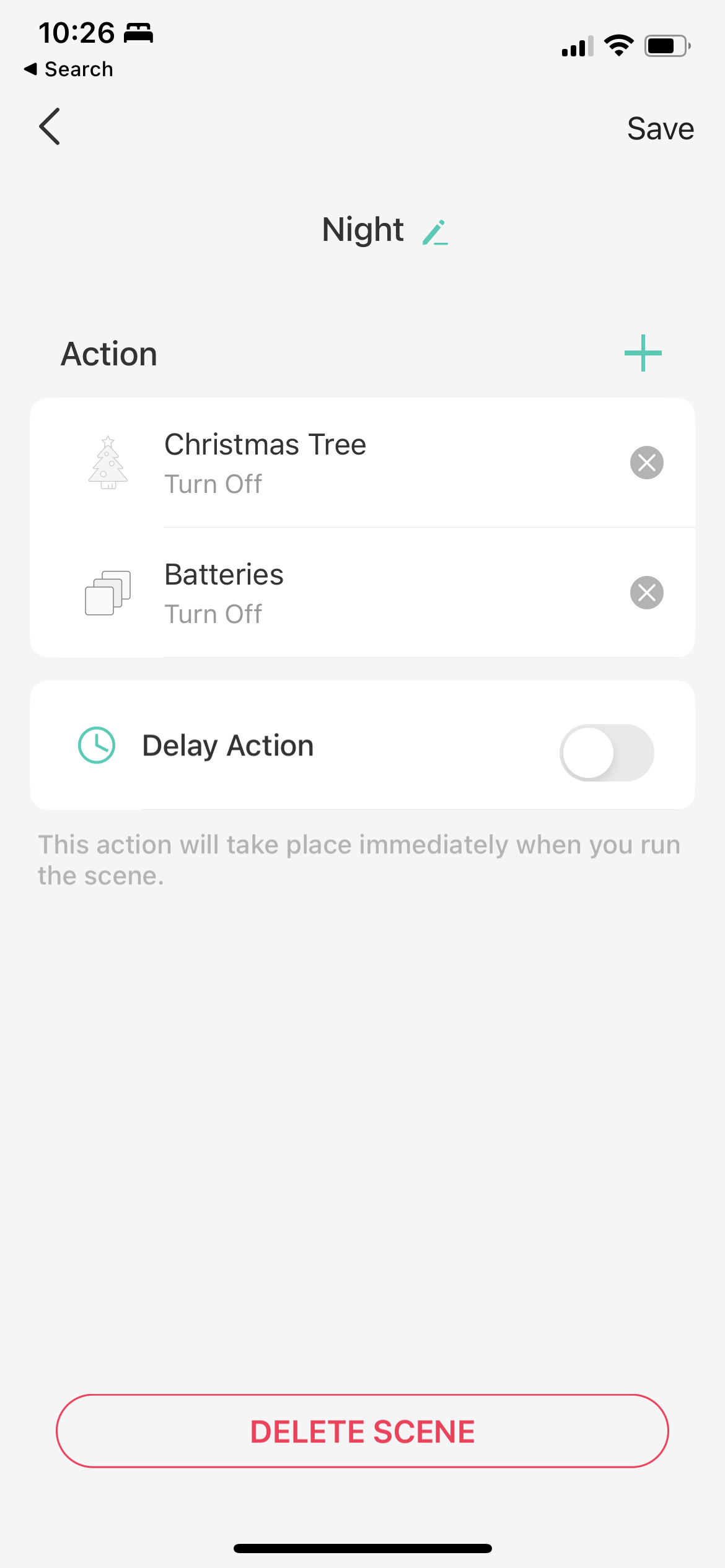 A screenshot of a Kasa scene with an action to turn Christmas Tree off and an action to turn off the 'Batteries' group.