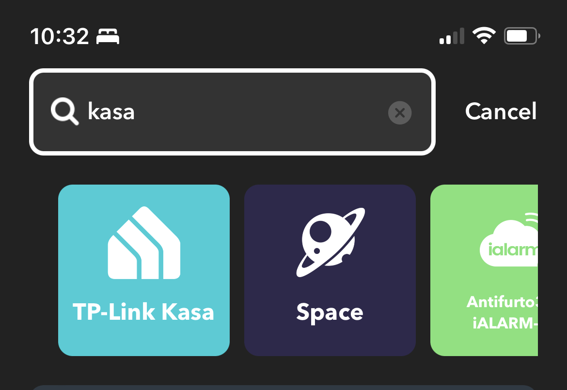 A screenshot of the IFTT app, with the search 'Kasa' entered and the TP-Link Kasa icon showing.