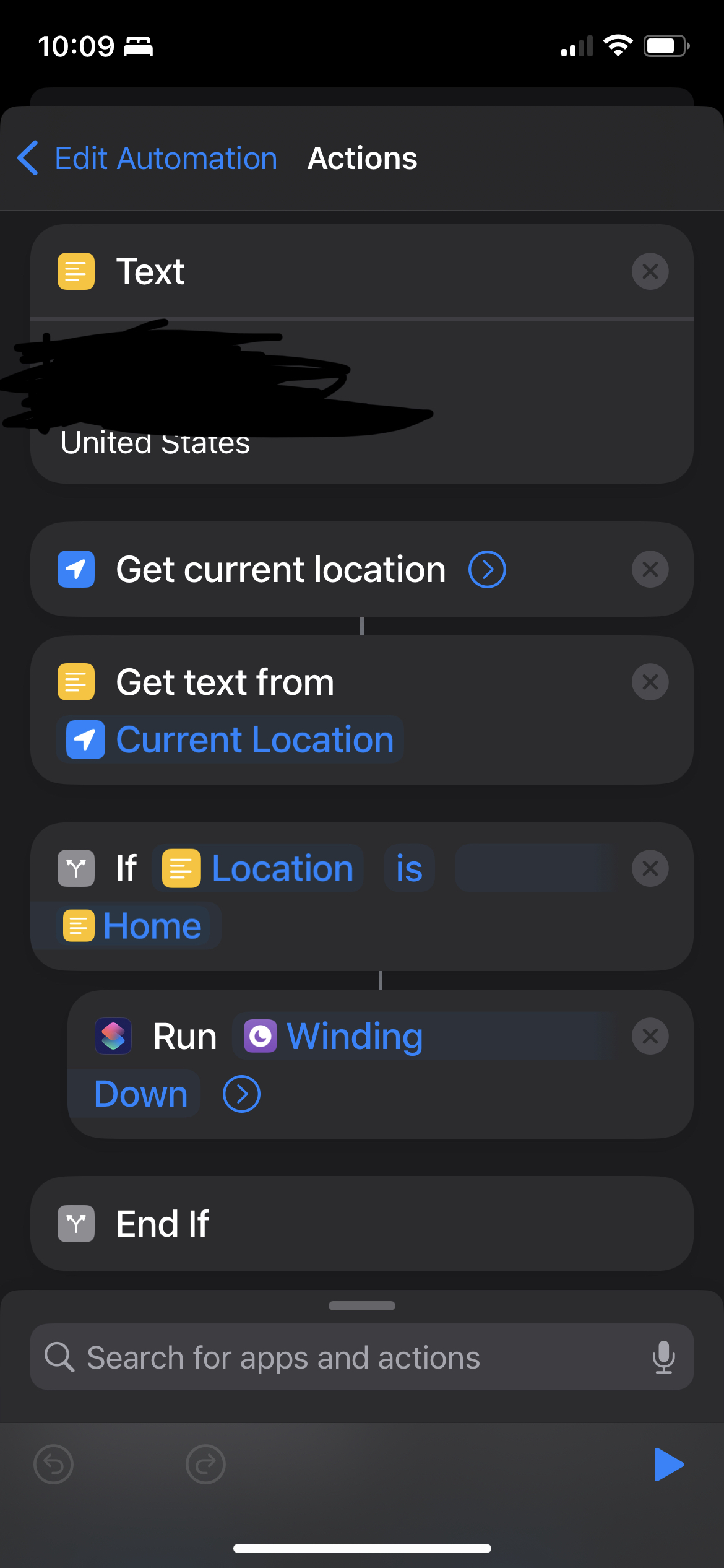 A screenshot of a Shortcut that compares the phone's current address to a static address and runs the 'Winding Down' shortcut if they match.