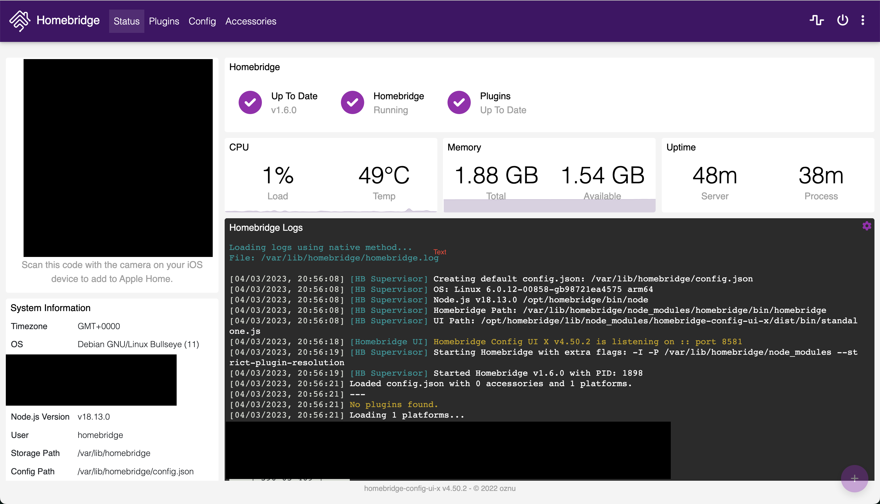 A screenshot of the Homebridge dashboard, which shows CPU load, memory, uptime and logs. To the left a QR code for joining your Homebridge to HomeKit has been redacted.