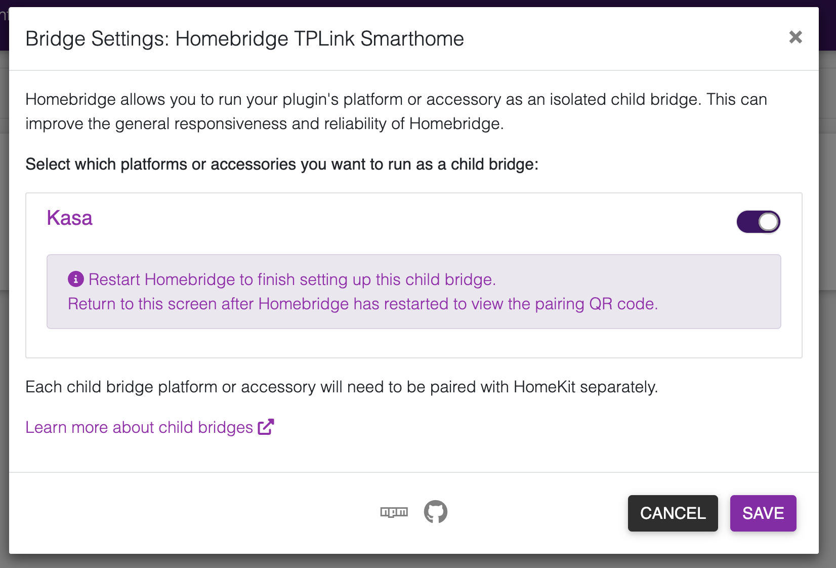 A screenshot of the Kasa plugin configuration with the 'Child Bridge' option enabled. There is a warning that the Homebridge server will need to be restarted if this option remains enabled.